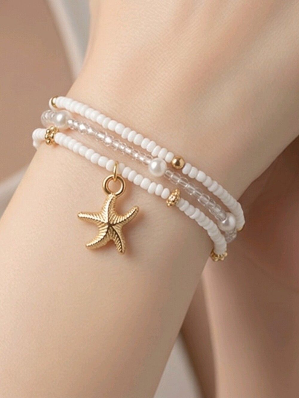 White Beaded Bracelet Stack Gold Starfish Coastal Beach Seashell Jewelry Set 3pc